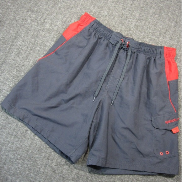 Speedo Marina Sport Volley Board Shorts XL Gray Red Cargo‎ Pocket Swim Trunks - Picture 1 of 12